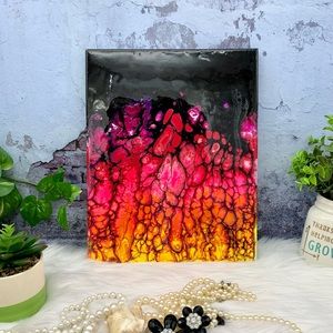 Red, yellow, black Abstract Fluid Pour Art Unique Wall Art coated with resin